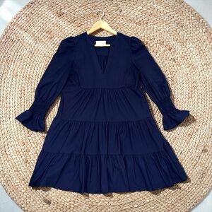 Tuckernuck Pomander Place Navy V Neck Long Sleeve Tiered Mini Dress Size Small